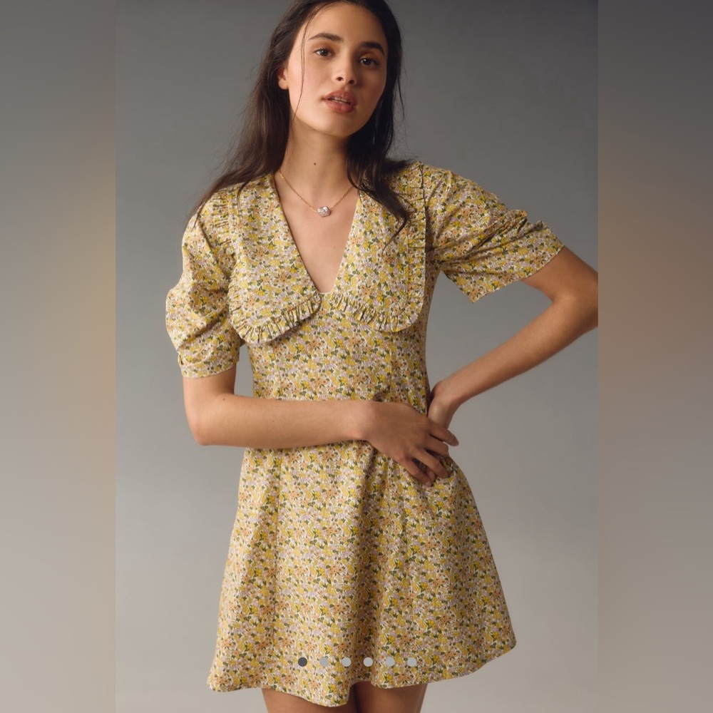 NEW Anthropologie Short-Sleeve Collared Printed Mini Dress, Yellow, Size 8